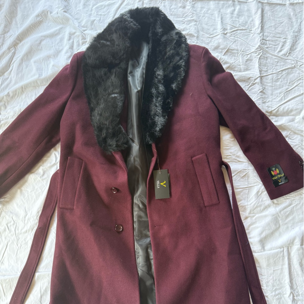 NEW VELLA Burgundy Wool Blend Overcoat w/ Faux Fur Collar Men’s Size 40 NWT